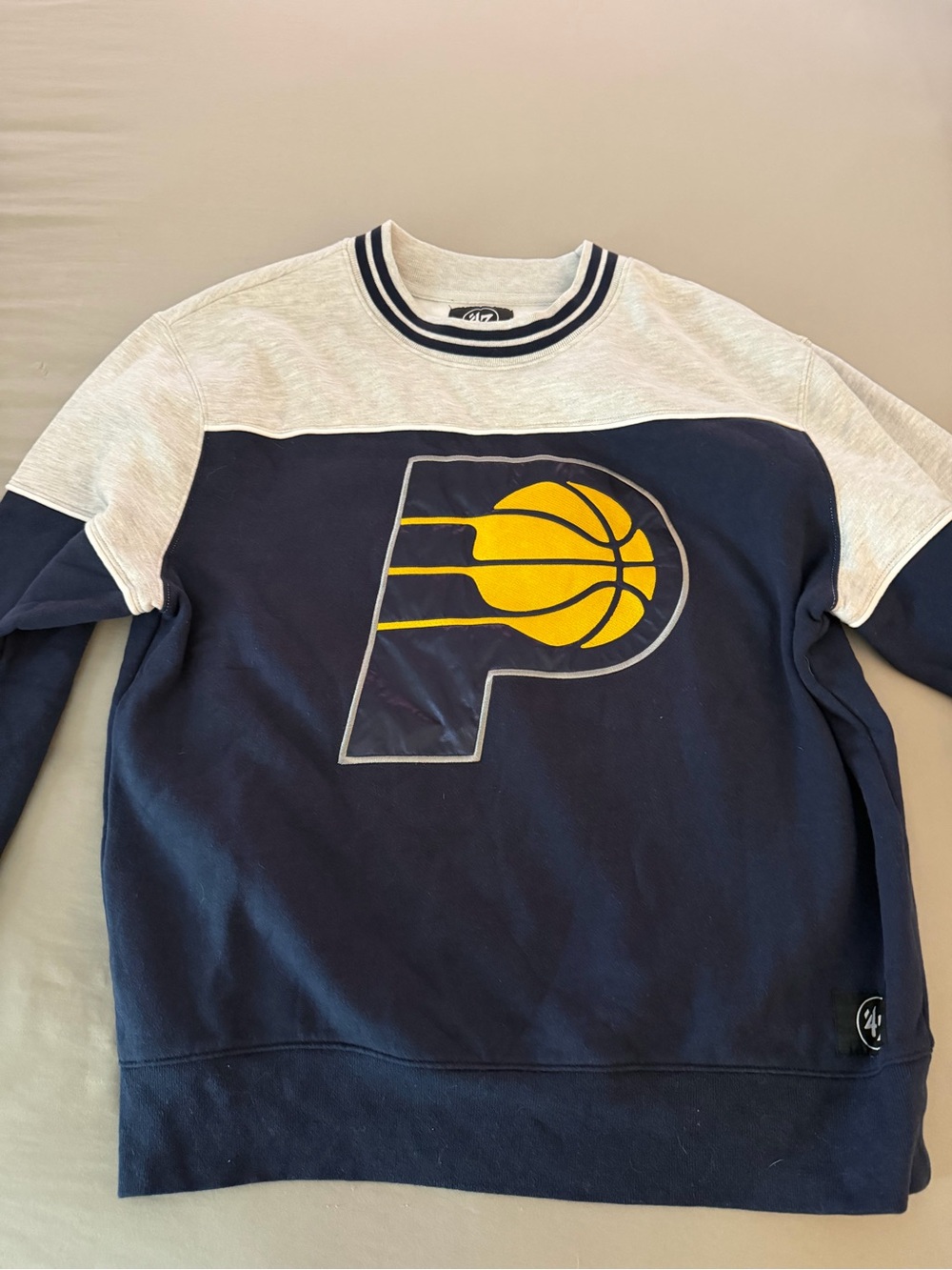 47 Brand Navy and Light Gray Crewneck Sweater with Yellow Basketball Logo